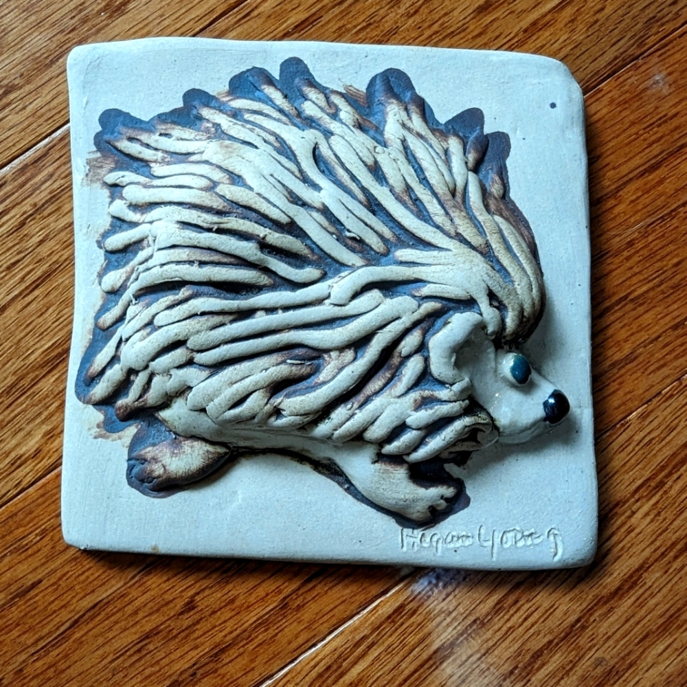 Ceramic Hedgehog wall hanging hand painted SIGNED by Hogan Young.